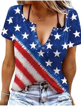 Women's Red, White & Blue Star Stripe V‑Neck Tee